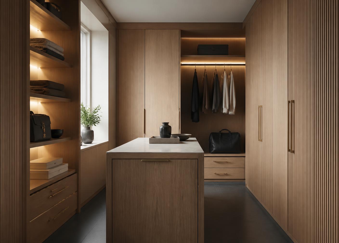 Closet sob medida em lâmina de madeira com detalhes em bronze